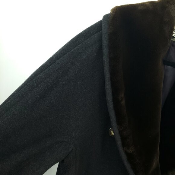 Vintage Wool/Cashmere Blend Faux Fur Collar Double Breasted Coat 10 Black - Picture 6 of 14